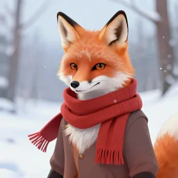 an anthropomorphic fox fursona wearing a scarf in the snow, trending on artstation, furry art
