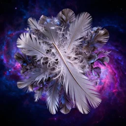 an highly detailed irregular warped fractal of feathers by Gabriel Dawe, background of outer space neon nebulas by Pilar Gogar, 8k hdr octane render