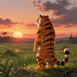 anthropomorphic tiger bandit in swamplands gazing at the sunset, cinematic, studio ghibli, wide shot, dramatic lighting, dynamic, ultra realistic, ultra detailed, 8 k, thin line work, trending on artstation