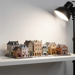 photo still of miniature town on a shelf, 8 k, studio lighting bright ambient lighting key light, 8 5 mm f 1. 8