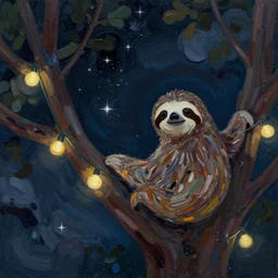 beautiful dark night with many stars and clouds, a cute sloth on a tree!!, string lights, everything!! made of thick flowing dramatic paint brush strokes, abstract impressionism, matte colors, trending on artstation