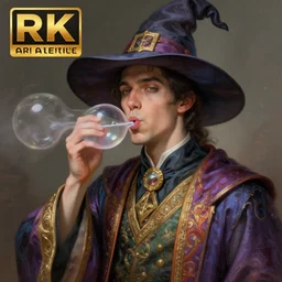 an anthropomorphic beautiful male scientist portrait blowing bubble wearing colourful robe, wizard hat, fine art, award winning, intricate, elegant, sharp focus, octane render, hyperrealistic, wizard hat cinematic lighting, highly detailed, digital painting, 8 k concept art, art by jamie hewlett and z. w. gu, masterpiece, trending on artstation, 8 k