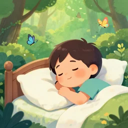 a beautiful illustration of a little cute boy on his bed dreaming about a beautiful green forest with butterflies and birds, detailed face, beautiful colors, digital art