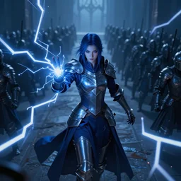 action scene, of a distant shadowy female mage - knight, casting electricity at a large army in the background, symmetrical face, cobalt blue hair, fantasy, medieval, digital art, trending on art station, 8 k resolution, award - winning photo,, highly detailed scene, powerful imagery, vibrant art