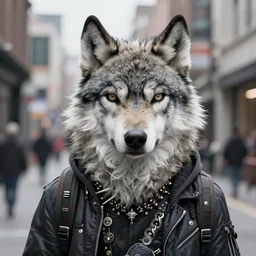 beautiful furry art portrait commission of a androgynous furry anthro wolf fursona both wearing punk clothes in the streets of a cyberpunk city. neon signs. character design by charlie bowater, ross tran, artgerm, and makoto shinkai, detailed, inked, western comic book art