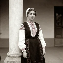 vintage photo of a beautiful Romanian woman in traditional clothing standing near a pilar, 1911