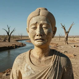 close-up of a crying ancient dried up Wirnpa, peaceful, facing the camera and standing in front of a dried up river in a desolate land, dead trees, blue sky, hot and sunny, highly-detailed, elegant, dramatic lighting, artstation, 4k, cinematic landscape, photograph by Elisabeth Gadd