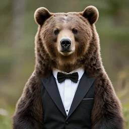 a brown bear animal wearing a tuxedo, hyper realistic