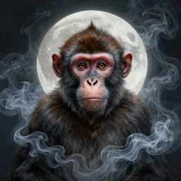 symmetry!! ultra realistic portrait of monkey made of wispy smoke! moon in background, intricate, elegant, highly detailed, digital painting, artstation, concept art, smooth, sharp focus, illustration, art by artgerm and ross tran and greg rutkowski and alphonse mucha, 8 k