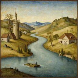 A landscape of a river in a medieval art style
