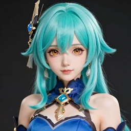 portrait of a beautiful girl with turquoise hair, big brown eyes, and a blue dress, intricate jewelry, genshin impact, realistic anime, sharp focus, octane render, trending on artstation, 8k