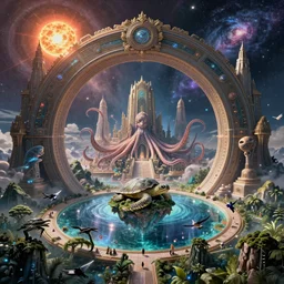 Majestic interstellar portal fortress gateway, Huge futuristic Temple city, Great Leviathan Turtle, Cephalopod, Cthulhu Squid, hybrid, Mythical Island at the center of the Universe, magical sparkling lake, Rainforest, birds eye, vista view, Solar Flare, peter mohrbacher, michael whelan, William-Adolphe Bouguereau, Michael Cheval, kay sage, digital art, airbrush, art nouveau, intricate, clear, looming, epic, depth, artstation, highly detailed, blender, Unreal Engine, octane render, vray, 8k