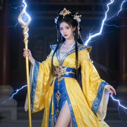photograph of a real - life beautiful elemental lightning witch with ornate yellow and blue robes and staff. extremely detailed. 8 k