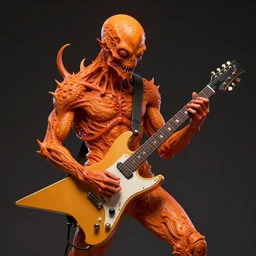 an orange colored lovecraftian monster playing a Gibson Flying V electric guitar, digital art by dan mumford and greg rutkowski, highly detailed, trending on artstationhq