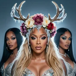 beautiful female character inspired by iceland and floral headdress megan thee stallion pagan wiccan viking antlers headdress icicles full face | | digital artwork made by greg rutswork, anna dittmann and lois van barlee, symmetrical rim light, anatomically correct