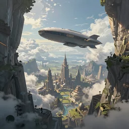 An epic fantasy comic book style landscape painting of a fantasy airship flying through the clouds towards a city built within a chasm, unreal 5, DAZ, hyperrealistic, octane render, dynamic lighting