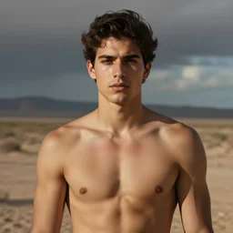 portrait of a handsome shirtless young latino man in the mexican desert, art by manuel sanjulian and tom bagshaw