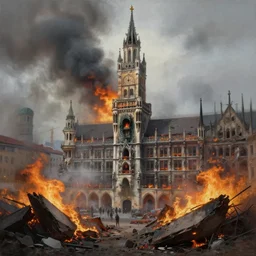 city of munich destroyed by a meteor!!!, rubble!!, fires!! hyperrealistic, highly detailed, cinematic, foggy light from fires, beautiful, cgssociety, artstation, 8 k, oil painting by greg rutkowski, by artgerm, by wlop