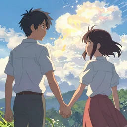 a man and a woman holding hands under a beautiful sun drawn like the anime Your Name anime