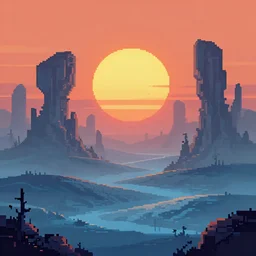pixel art icy alien landscape, sci - fi, two suns in the sky, sunset, strange rock formations, rolling hills, atmospheric, misty, artstation, deviantart