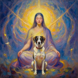 enlightened spirit dog teacher by  MICHAEL DIVINE and by AMANDA SAGE in the style of oil painting visionary art,  oil painting artwork. , trending on artstation, very coherent symmetrical artwork, oil painting