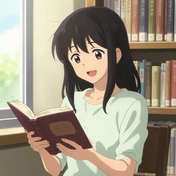 anime portrait of a happy young woman reading a book in a library near a window, kyoani, artgerm, krenz cushart, wlop, hiroaki samura, yoshinari yoh, james jean, katsuhiro otomo, erik jones, cel shaded, anime poster