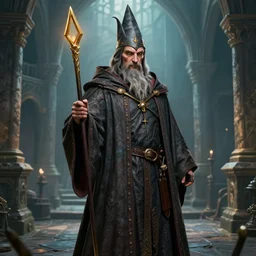 highly detailed, hyper realistic wizard with a dungeon background by studio muti