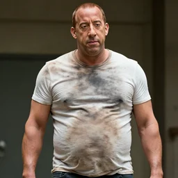 Vin Diesel with stainted clothes and a big tummy, Vin Diesel black staints on clothes, greasy staints, Vin Diesel big tummy, tummy, Vin Diesel with a tummy