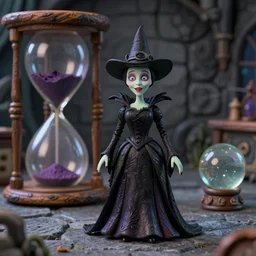 a Tim Burton style claymation figurine of “Wicked Witch of the West” from “The Wizard of Oz”, stone room with large hourglass and crystal ball, 4K, UHD, detailed render, Dramatic lighting, short depth of field