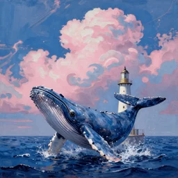 whale, sea, lighthouse, cloud, oil painting, blue and pink intricate, wide view, by danton fadeev