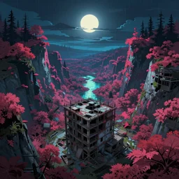 a beautiful ultradetailed illustration of unfinished building valley urbex by claude lorrain, landscape fisheye at night forest infrared cyberpunk studio ghibli rainforest dramatic lighting nightvision nature vaporwave nightsky anime morning sun at dusk lake neon noir tron, archdaily, wallpaper, highly detailed, trending on artstation.
