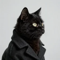 a black cat wearing a overcoat portait photo profile picture hyperrealist concept art digital art