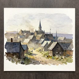 small centered on coldpressed paper, paint brush strokes, abstract watercolor painting of western viking town, midday sharp light, dust, cinematic light, american romanticism by hans dahl, by jesper ejsing, by anders zorn, by greg rutkowski, by greg manchess, by tyler edlin