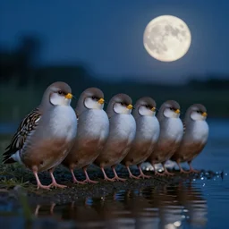 a row of fat bearded reedlings, midnight, moonlight, full moon, highly detailed, intricate, hyper realistic, digital art, river