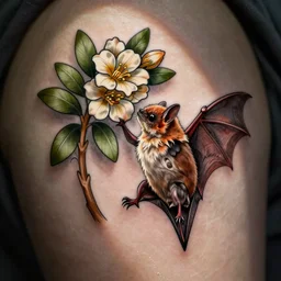 cute brown bat hanging onto an edelweiss flower tattoo, neotraditional modern, instagram highlights