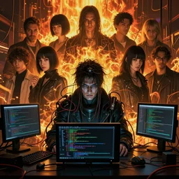 realistic dark cyberpunk man coding character casting eldritch magic, a lot of wires around, by francis bacon, by ayami kojima, by amano, by karol bak, greg hildebrandt, by mark brooks, by alex grey, by zdzisław beksinski, by takato yamamoto, wrapped thermal background