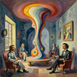 a surrealist painting of a self-consuming dmt hyperspace dimension in a 4d perspective picasso room by dali and holton rower and salviadroid, perfect, complimentary colors, flowing, twisting, oil painting