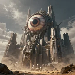 demonic eyeball kaiju castle in the forbidden chaos realm, detailed angular architecture, geometric ramparts, huge battlements, brutalist bulwarks, heavy metal infrastructure, desert, by greg rutkowski, mike mignola and artstation, epic exciting atmosphere, clouds, photorealism, complex color scheme, uhd