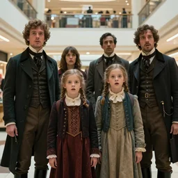 sharp, highly detailed, frame from a sci fi blockbuster color movie made in 2019, a family of four time travelers from 1860 travel in time to 2019, appearing in a shopping mall, looking surprised, the family are all wearing 1860s era clothes, cinematic lighting, in focus, cinematic still, high quality scan