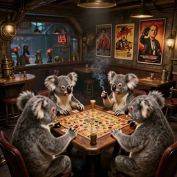 koalas in the interior of a steampunk pub, Greg Rutkowski, Milo Manara, night time, smoking cigarettes, playing board games, highly detailed, Quentin Tarantino movie posters, pulp fiction, level design, concept art, artstation, cgsociety, zenith view