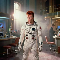 photorealistic medium shot cinematography of a david bowie in a cheesy 5 0's space suit acting as a man from outter space in a twilight zone episode that takes place in an art deco lab shot on film at magic hour with the sun shining into a large 6 0's hotel lobby room filled with volumetric haze by the shining cinematographer john alcott on a cooke panchro 3 5 mm lens.