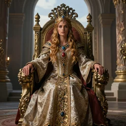 the elder scrolls vi, charismatic regal slavic female princess, portrait, throne room, atmospheric lighting, painted, intricate, volumetric lighting, beautiful, daytime, sunny weather, slight overcast, sharp focus, deep colours, ultra detailed, by leesha hannigan, ross tran, thierry doizon, kai carpenter, ignacio fernandez rios