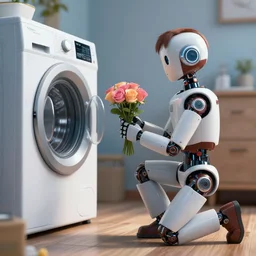 a robot holds flowers and kneels to a washing machine to propose marriage, unreal engine, octane render, 8 k by james jean, ayami kojima, justin gerard, craig mullins