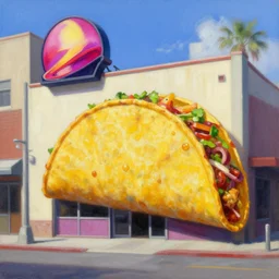 thomas kinkade painting of a brutalist taco bell