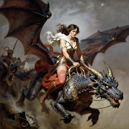 jennifer connelly as a warrior maiden riding a dragon into battle by frank frazetta