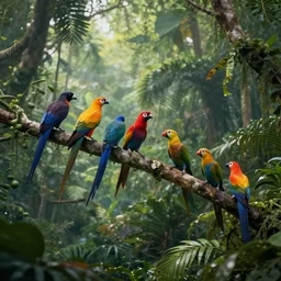 flocks of different color and species paradisaea on a jungle branch, beautiful dynamic lighting, cinematic, wide angle establishing shot, extremely high detail, photo realistic, cinematic lighting, post processed, concept art, artstation, matte painting, style by eddie mendoza, raphael lacoste, alex ross