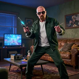 heisenberg from breaking bad playing fortnite in a dingy living room