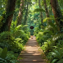 deep jungle walkway, cute, illustration, digital art, inspired by atey ghailan, sharp, ghibli, masterpiece, highly detailed, photorealistic, octane render, 8 k, unreal engine 5, trending on artstation, vivid colors -