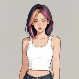 portrait of a very cool girl with two colored hair, a 7 8 4 3 hairstyle, winking at the camera, wearing a tanktop, highly detailed, stylized, full body shot, portrait, concept art, vector line art, natural lighting, illustration, artstation