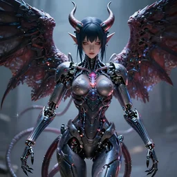 buddhist art photo of demon angel cyborg mutant cg anime girl beautiful face and mechanical tentacles and synaptic glows 3 d photorealistic cinematic shot with leica zeiss depth of field and lens flare in style of frank miller and ito junji squareenix trending on pixiv artstation